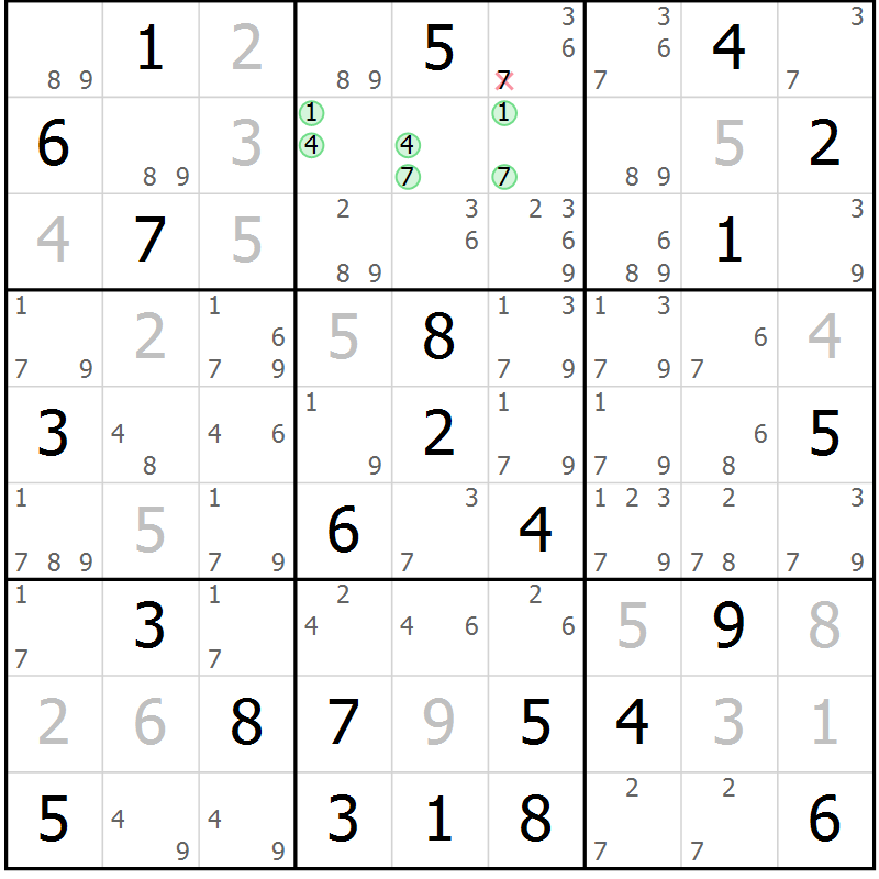 Position des candidats pour la solution de la Gr 35 page 38 du magazine de sudoku Maestro n° 102