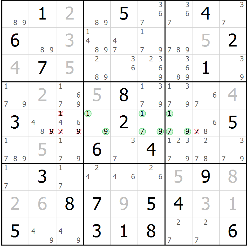 Position des candidats pour la solution de la Gr 35 page 38 du magazine de sudoku Maestro n° 102