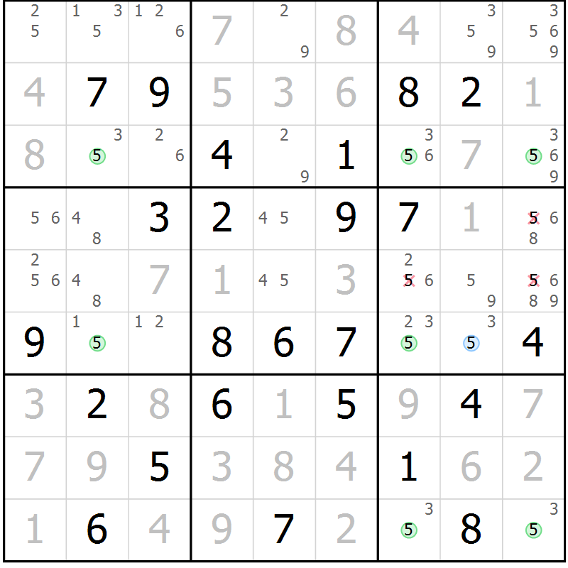 Position des candidats pour la solution de la Gr 36 page 39 du magazine de sudoku Maestro n° 102