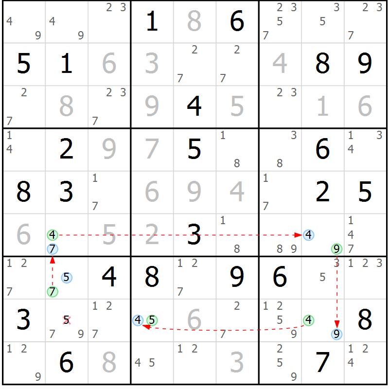 Position des candidats pour la solution de la Gr 39 page 42 du magazine de sudoku Maestro n° 102