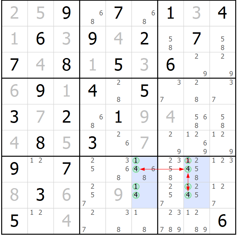Position des candidats pour la solution de la Gr 4 page 7 du magazine de sudoku Maestro n° 102