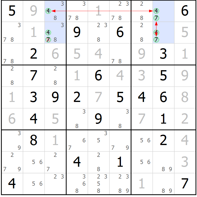 Position des candidats pour la solution de la Gr 40 page 43 du magazine de sudoku Maestro n° 102
