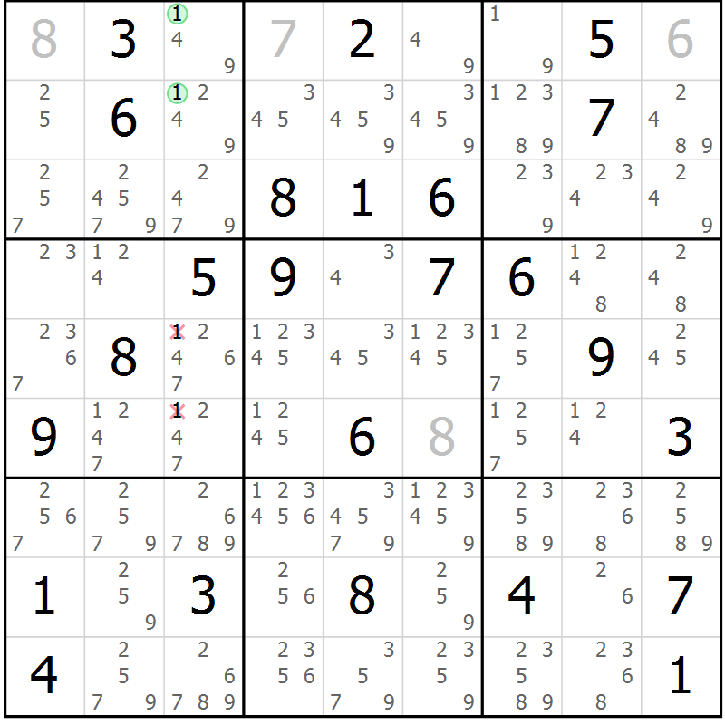 Position des candidats pour la solution de la Gr 41 page 44 du magazine de sudoku Maestro n° 102