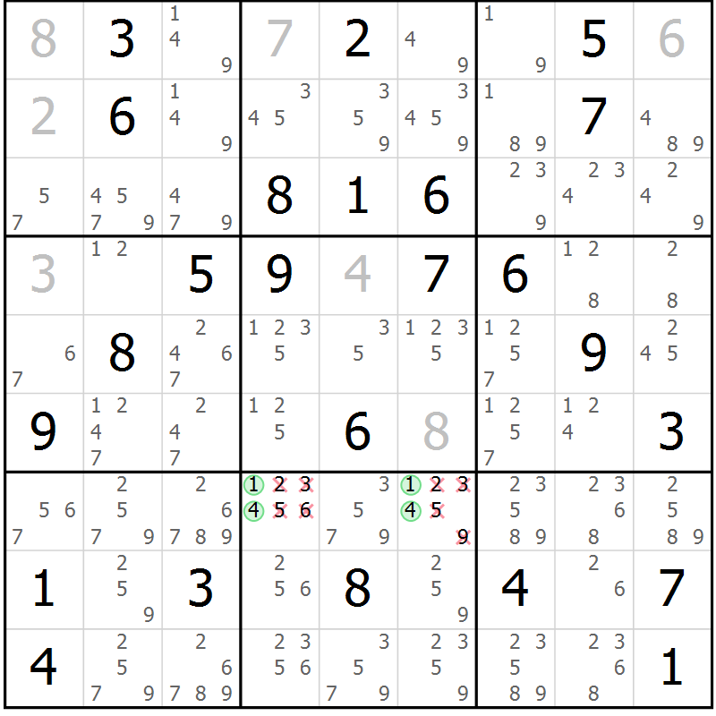 Position des candidats pour la solution de la Gr 41 page 44 du magazine de sudoku Maestro n° 102