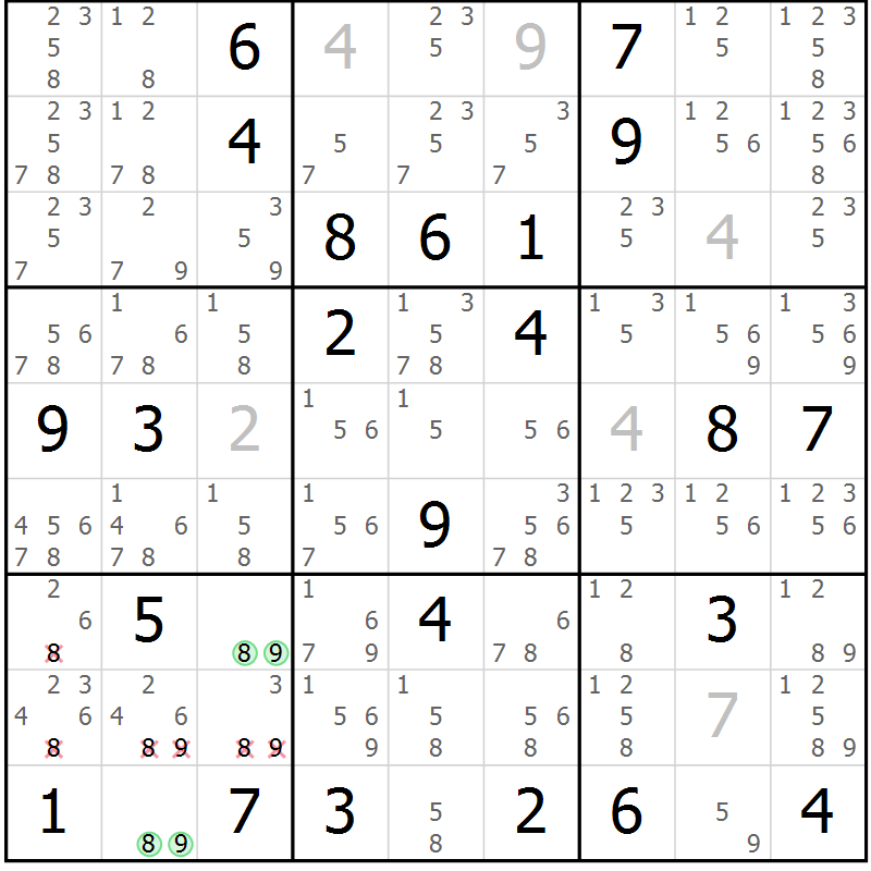 Position des candidats pour la solution de la Gr 42 page 45 du magazine de sudoku Maestro n° 102