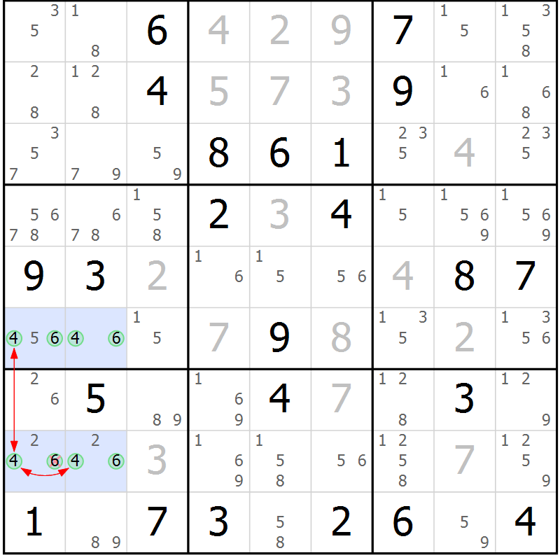 Position des candidats pour la solution de la Gr 42 page 45 du magazine de sudoku Maestro n° 102