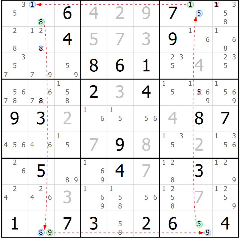 Position des candidats pour la solution de la Gr 42 page 45 du magazine de sudoku Maestro n° 102