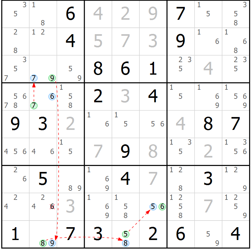 Position des candidats pour la solution de la Gr 42 page 45 du magazine de sudoku Maestro n° 102