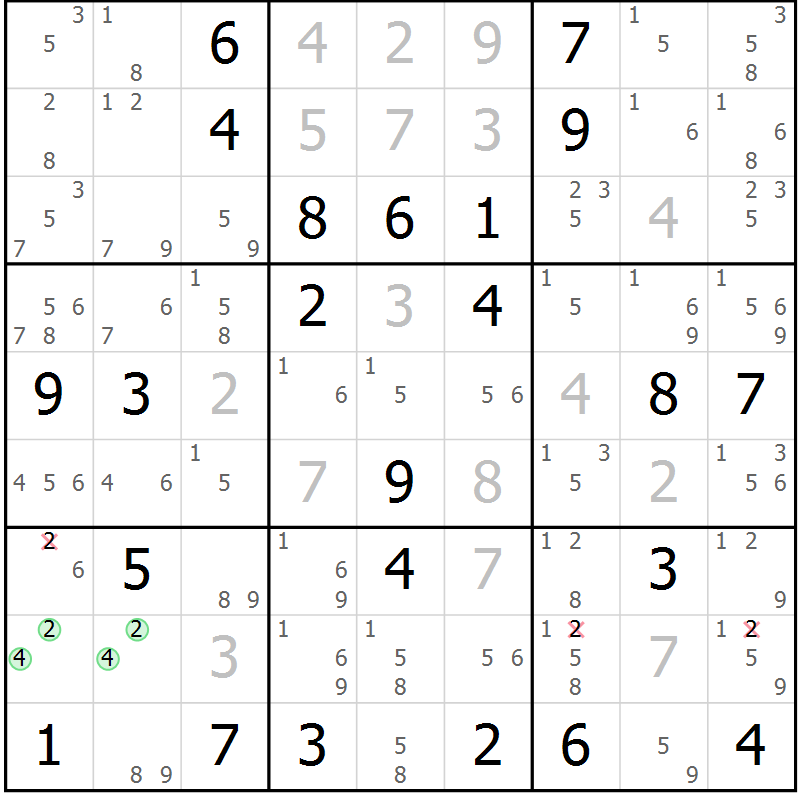 Position des candidats pour la solution de la Gr 42 page 45 du magazine de sudoku Maestro n° 102