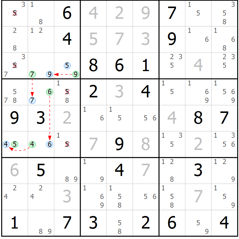 Position des candidats pour la solution de la Gr 42 page 45 du magazine de sudoku Maestro n° 102