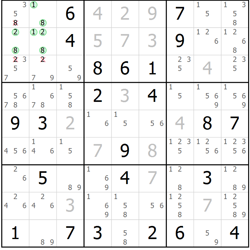 Position des candidats pour la solution de la Gr 42 page 45 du magazine de sudoku Maestro n° 102