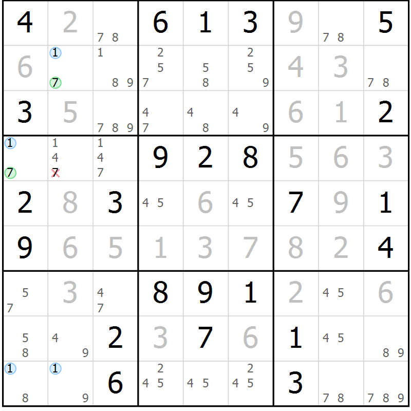 Position des candidats pour la solution de la Gr 43 page 46 du magazine de sudoku Maestro n° 102