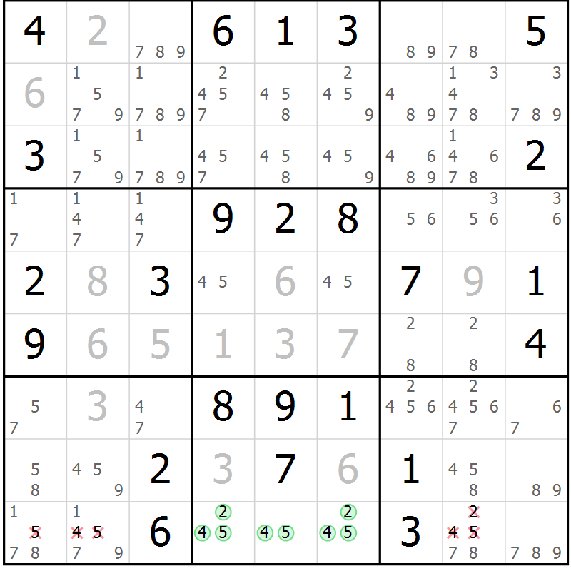 Position des candidats pour la solution de la Gr 43 page 46 du magazine de sudoku Maestro n° 102