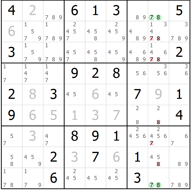 Position des candidats pour la solution de la Gr 43 page 46 du magazine de sudoku Maestro n° 102