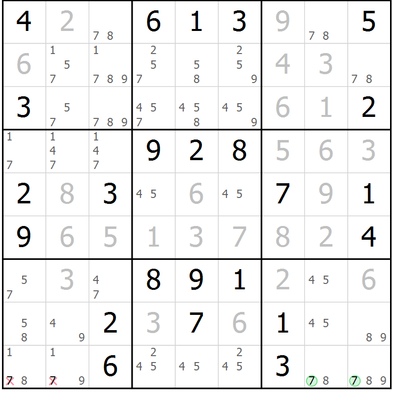 Position des candidats pour la solution de la Gr 43 page 46 du magazine de sudoku Maestro n° 102