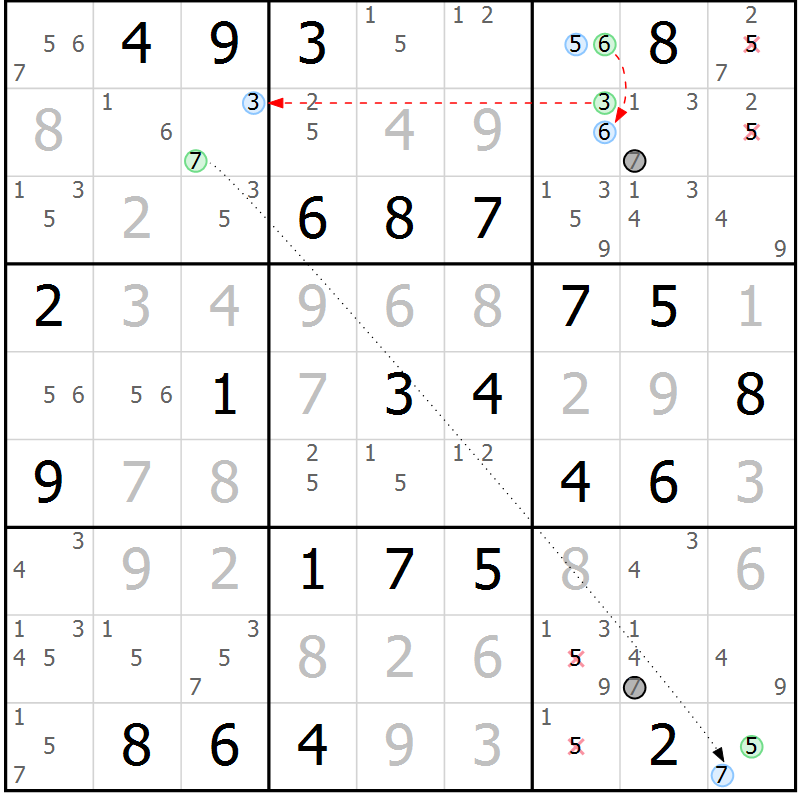 Position des candidats pour la solution de la Gr 45 page 48 du magazine de sudoku Maestro n° 102