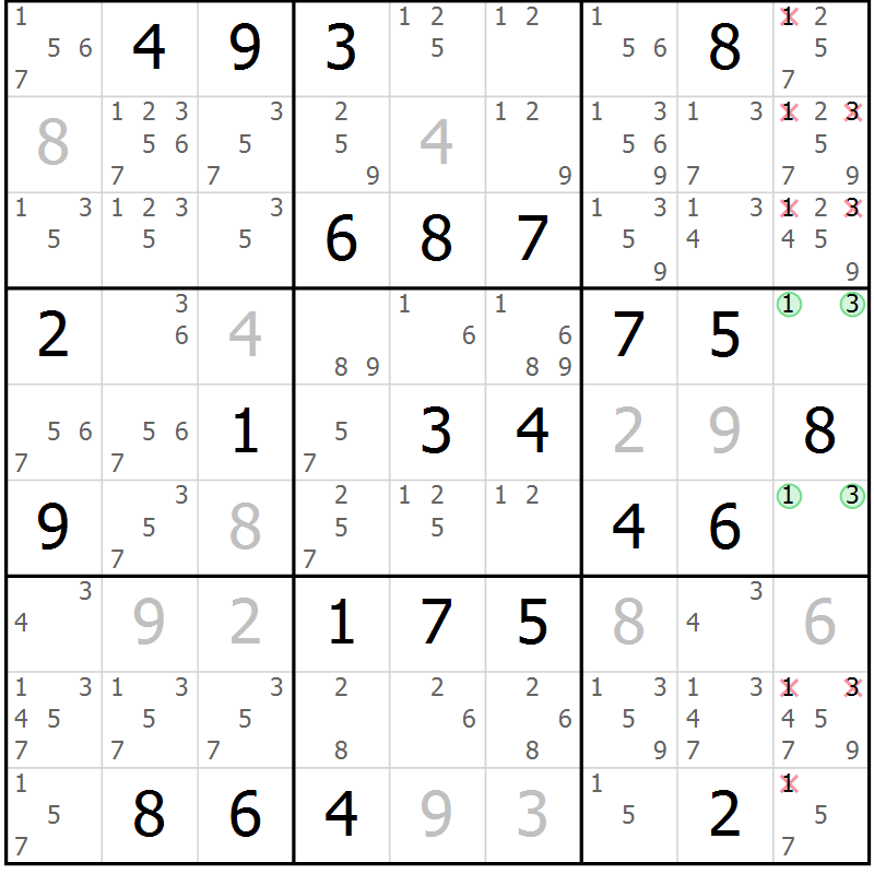 Position des candidats pour la solution de la Gr 45 page 48 du magazine de sudoku Maestro n° 102