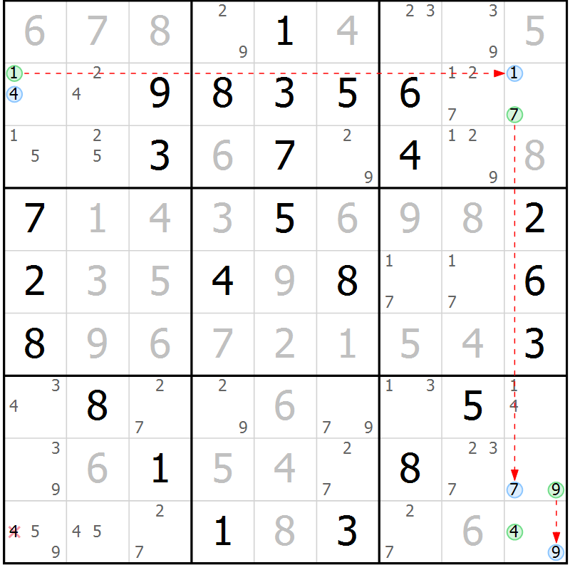 Position des candidats pour la solution de la Gr 46 page 49 du magazine de sudoku Maestro n° 102