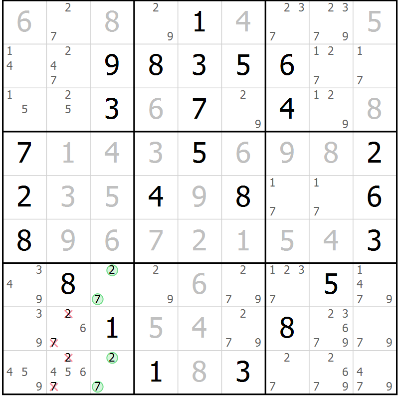 Position des candidats pour la solution de la Gr 46 page 49 du magazine de sudoku Maestro n° 102