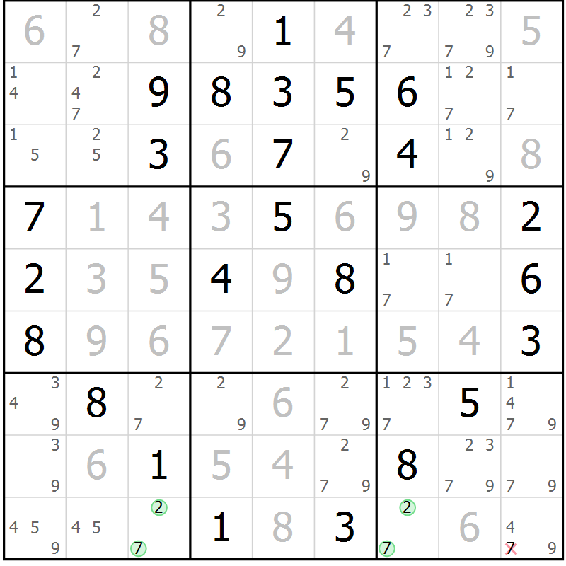 Position des candidats pour la solution de la Gr 46 page 49 du magazine de sudoku Maestro n° 102