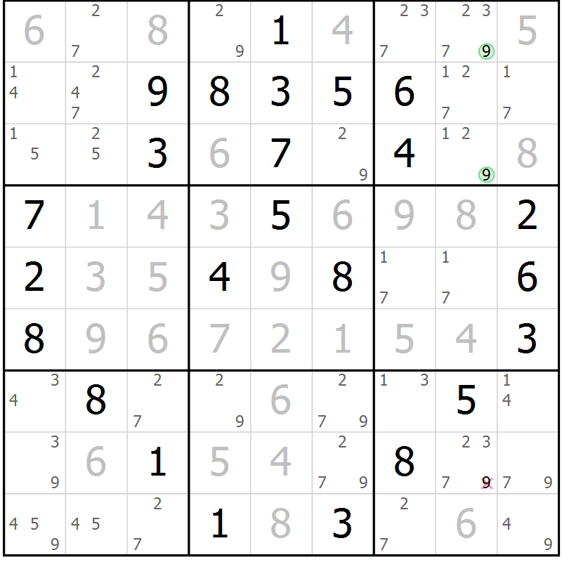 Position des candidats pour la solution de la Gr 46 page 49 du magazine de sudoku Maestro n° 102