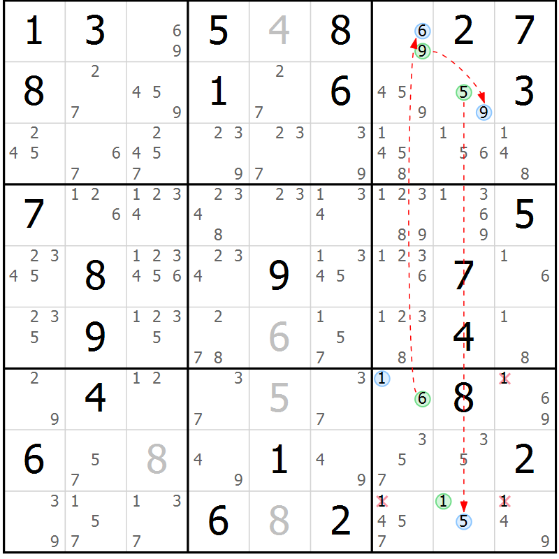 Position des candidats pour la solution de la Gr 47 page 50 du magazine de sudoku Maestro n° 102