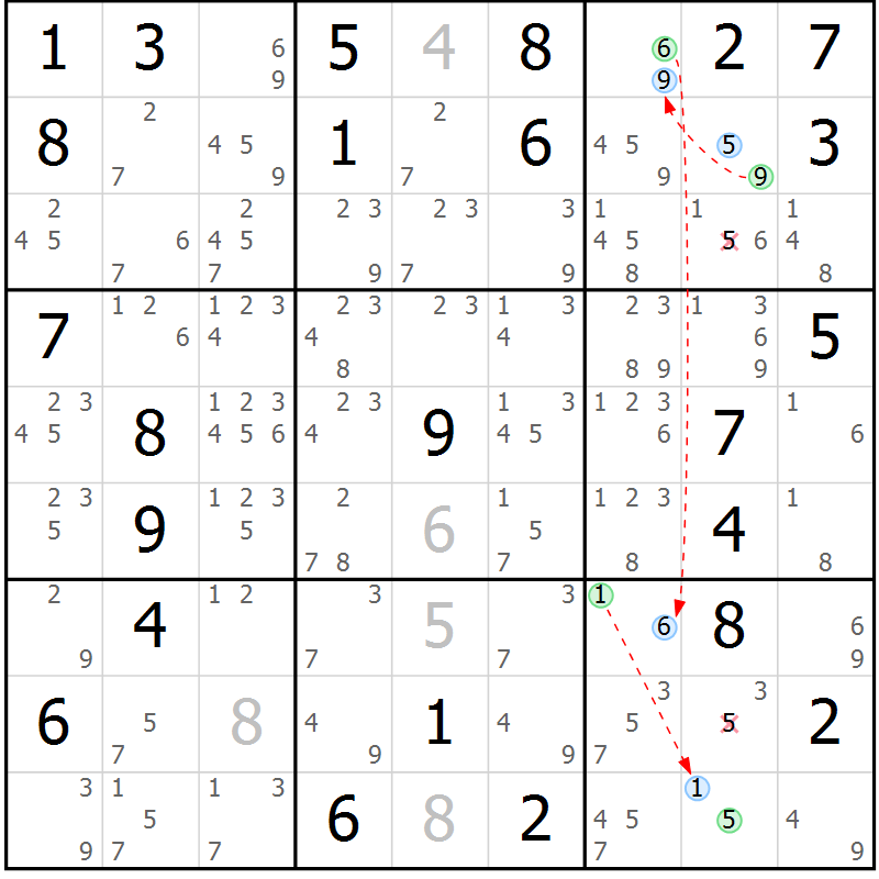 Position des candidats pour la solution de la Gr 47 page 50 du magazine de sudoku Maestro n° 102