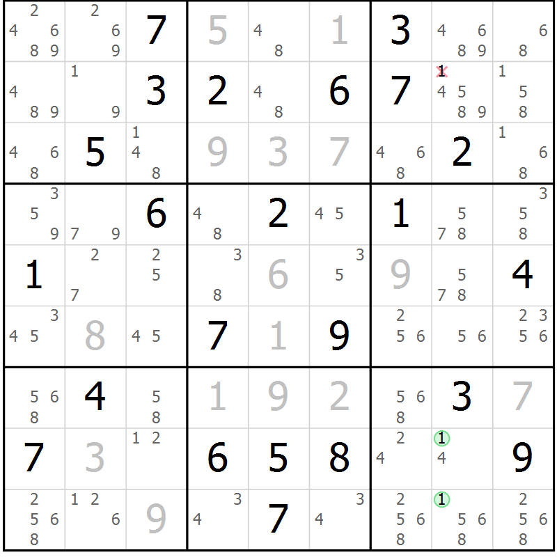 Position des candidats pour la solution de la Gr 48 page 51 du magazine de sudoku Maestro n° 102