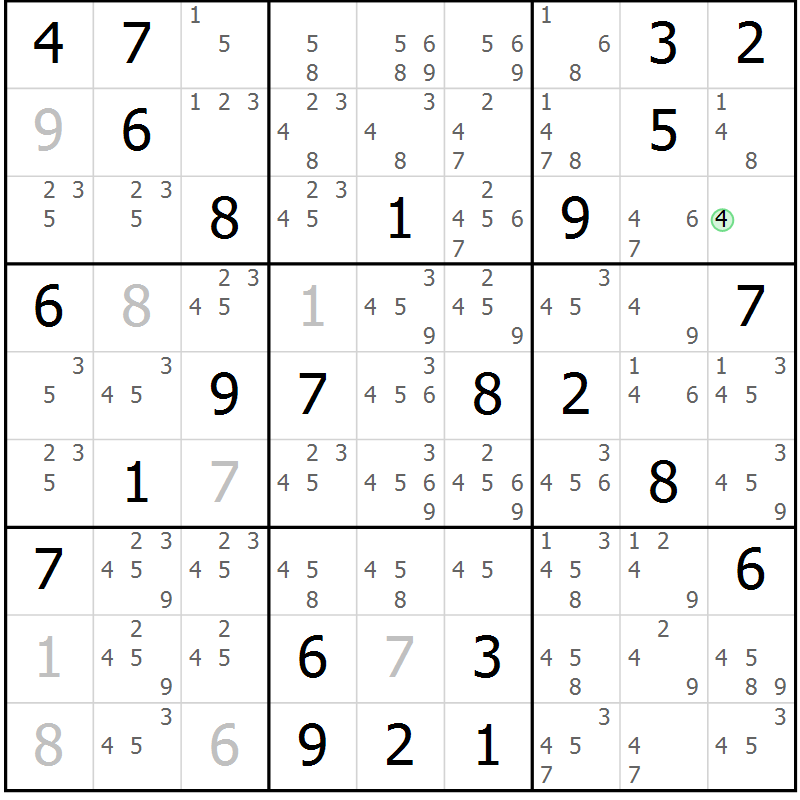 Position des candidats pour la solution de la Gr 49 page 52 du magazine de sudoku Maestro n° 102