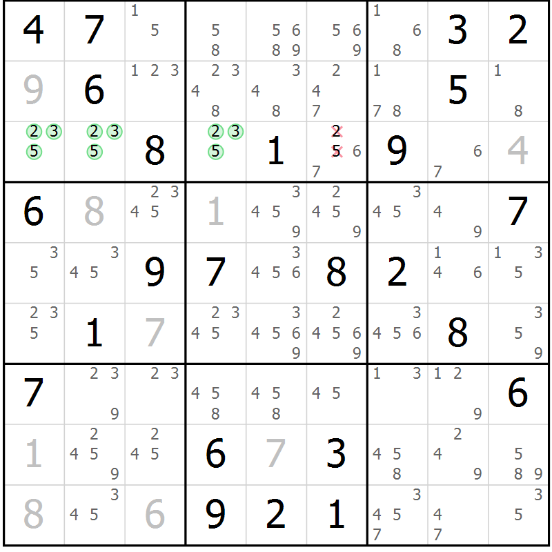 Position des candidats pour la solution de la Gr 49 page 52 du magazine de sudoku Maestro n° 102