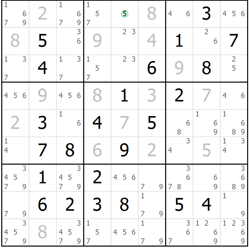 Position des candidats pour la solution de la Gr 5 page 8 du magazine de sudoku Maestro n° 102