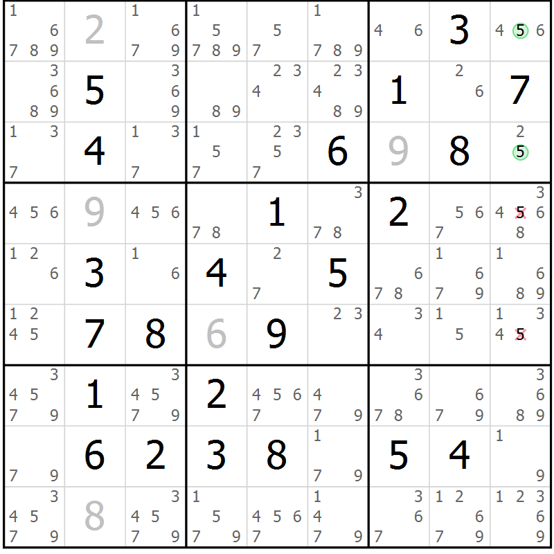 Position des candidats pour la solution de la Gr 5 page 8 du magazine de sudoku Maestro n° 102
