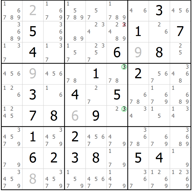 Position des candidats pour la solution de la Gr 5 page 8 du magazine de sudoku Maestro n° 102