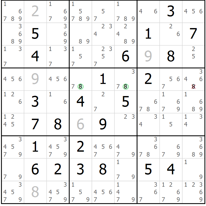 Position des candidats pour la solution de la Gr 5 page 8 du magazine de sudoku Maestro n° 102