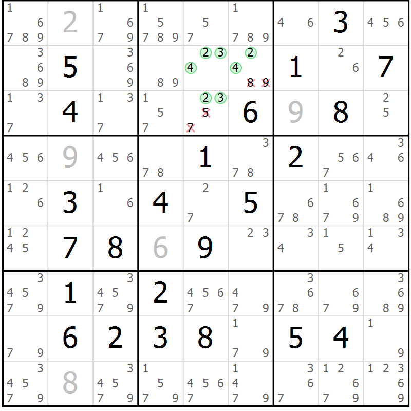 Position des candidats pour la solution de la Gr 5 page 8 du magazine de sudoku Maestro n° 102
