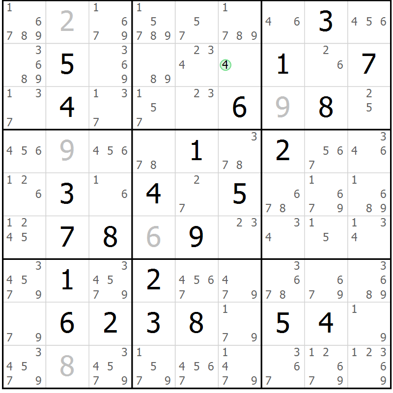 Position des candidats pour la solution de la Gr 5 page 8 du magazine de sudoku Maestro n° 102