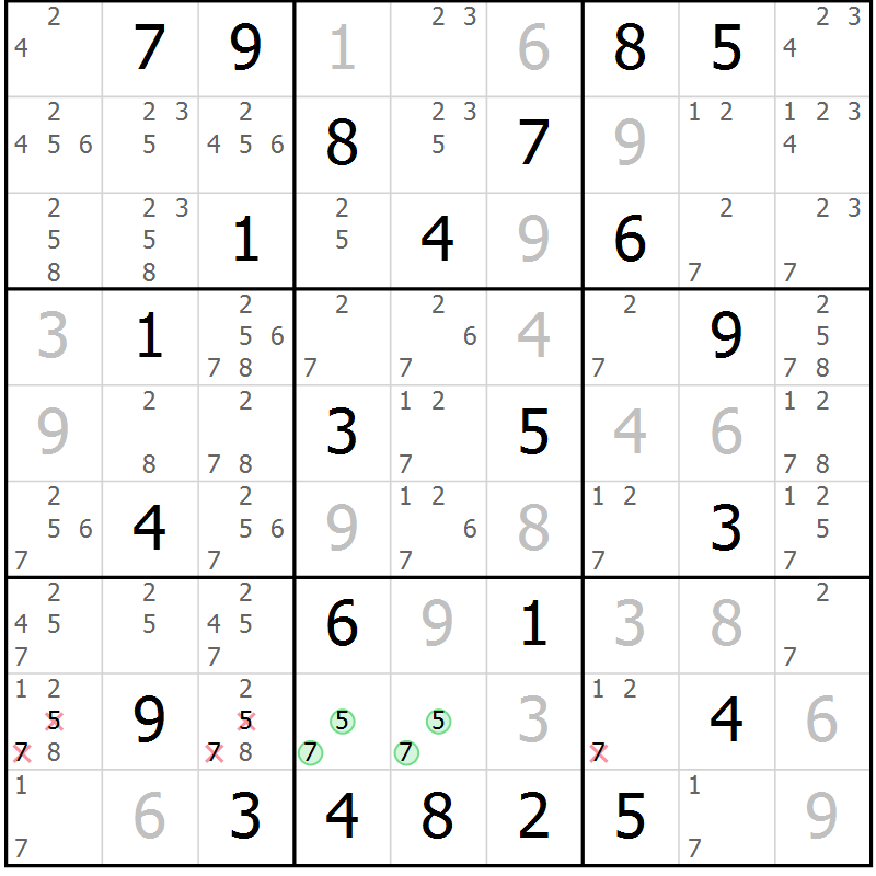 Position des candidats pour la solution de la Gr 50 page 53 du magazine de sudoku Maestro n° 102