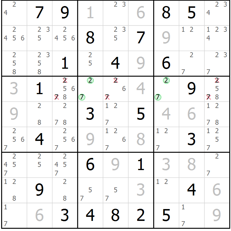 Position des candidats pour la solution de la Gr 50 page 53 du magazine de sudoku Maestro n° 102