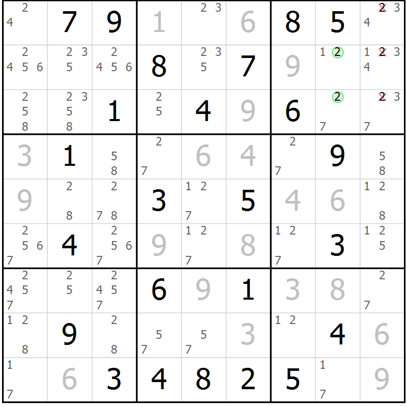 Position des candidats pour la solution de la Gr 50 page 53 du magazine de sudoku Maestro n° 102