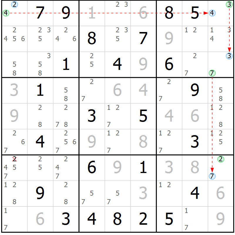 Position des candidats pour la solution de la Gr 50 page 53 du magazine de sudoku Maestro n° 102