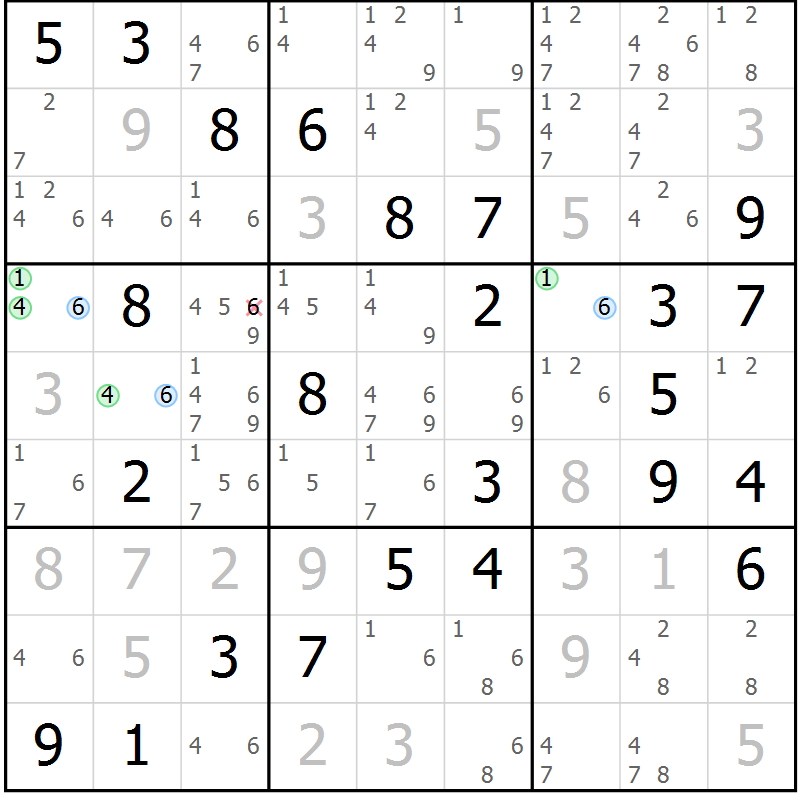 Position des candidats pour la solution de la Gr 51 page 54 du magazine de sudoku Maestro n° 102
