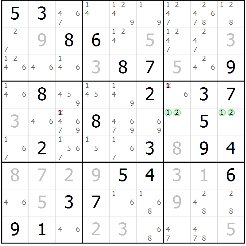 Position des candidats pour la solution de la Gr 51 page 54 du magazine de sudoku Maestro n° 102