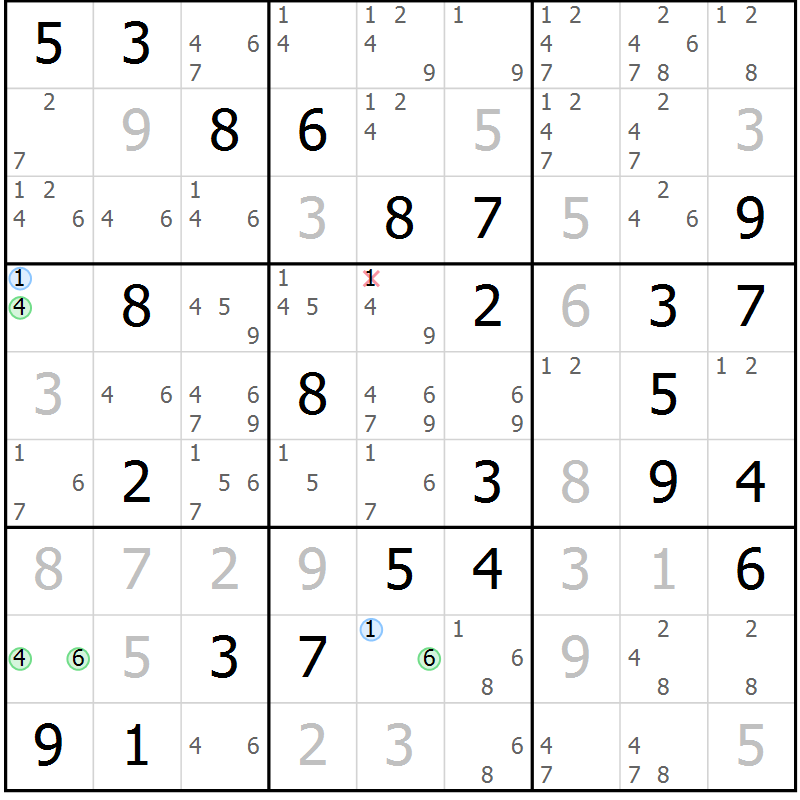 Position des candidats pour la solution de la Gr 51 page 54 du magazine de sudoku Maestro n° 102
