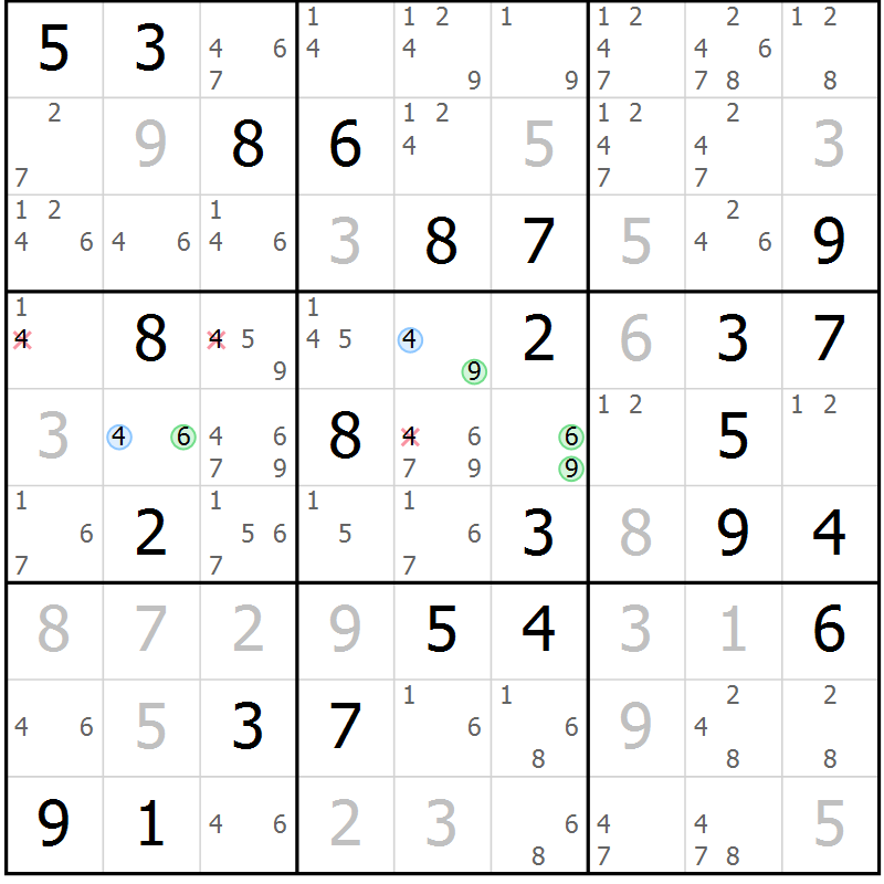 Position des candidats pour la solution de la Gr 51 page 54 du magazine de sudoku Maestro n° 102