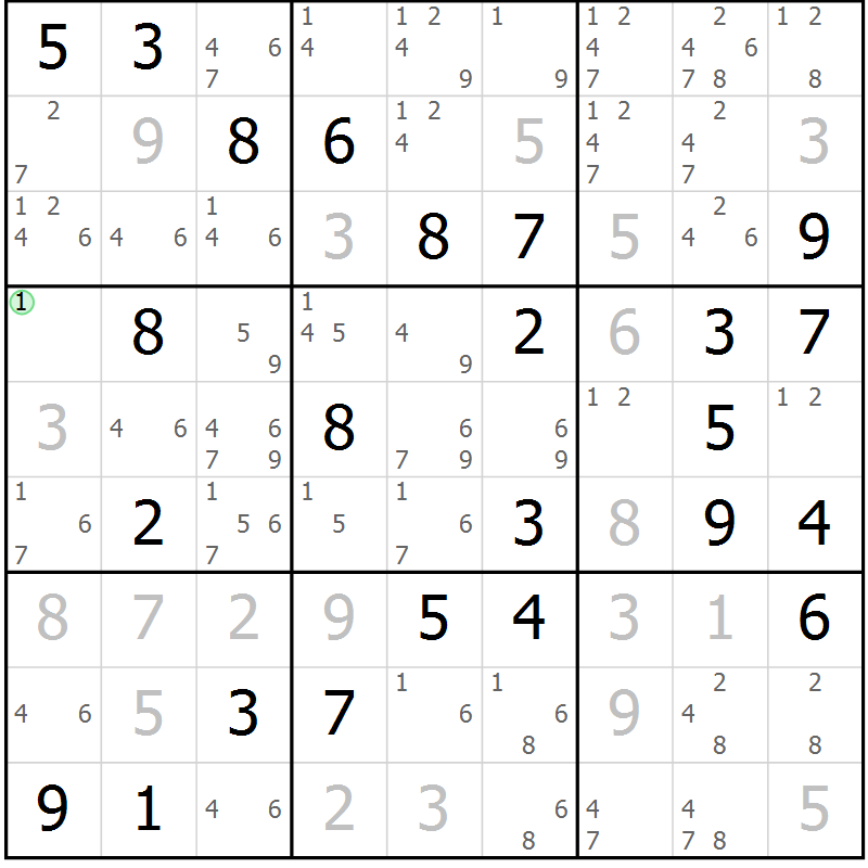 Position des candidats pour la solution de la Gr 51 page 54 du magazine de sudoku Maestro n° 102