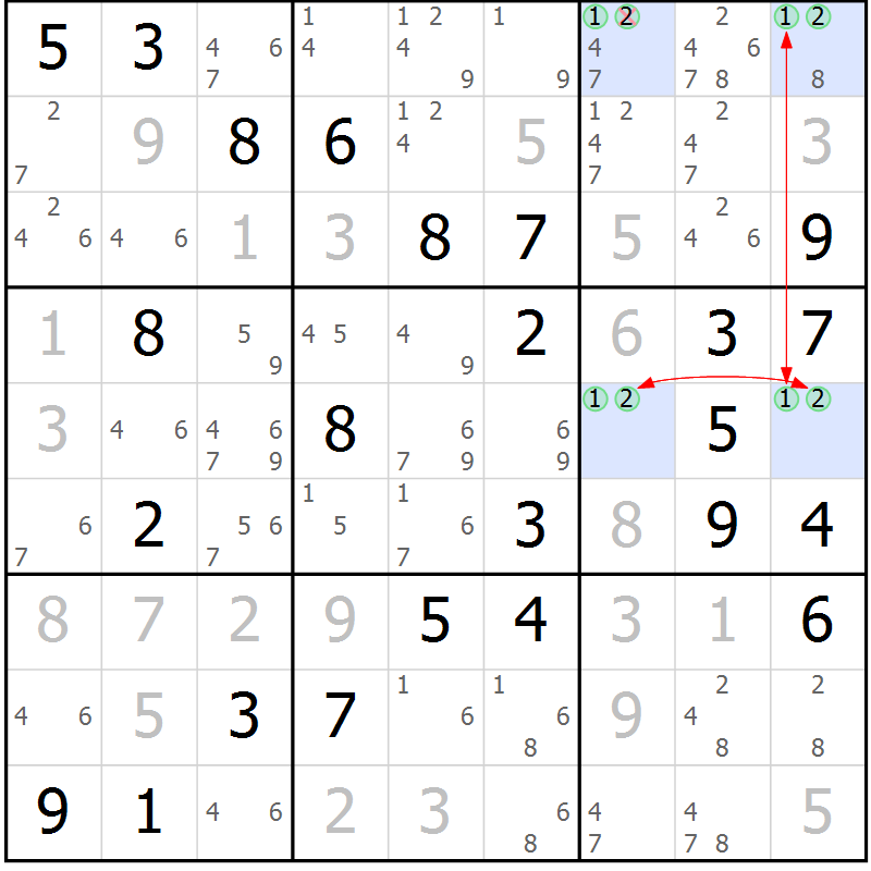 Position des candidats pour la solution de la Gr 51 page 54 du magazine de sudoku Maestro n° 102