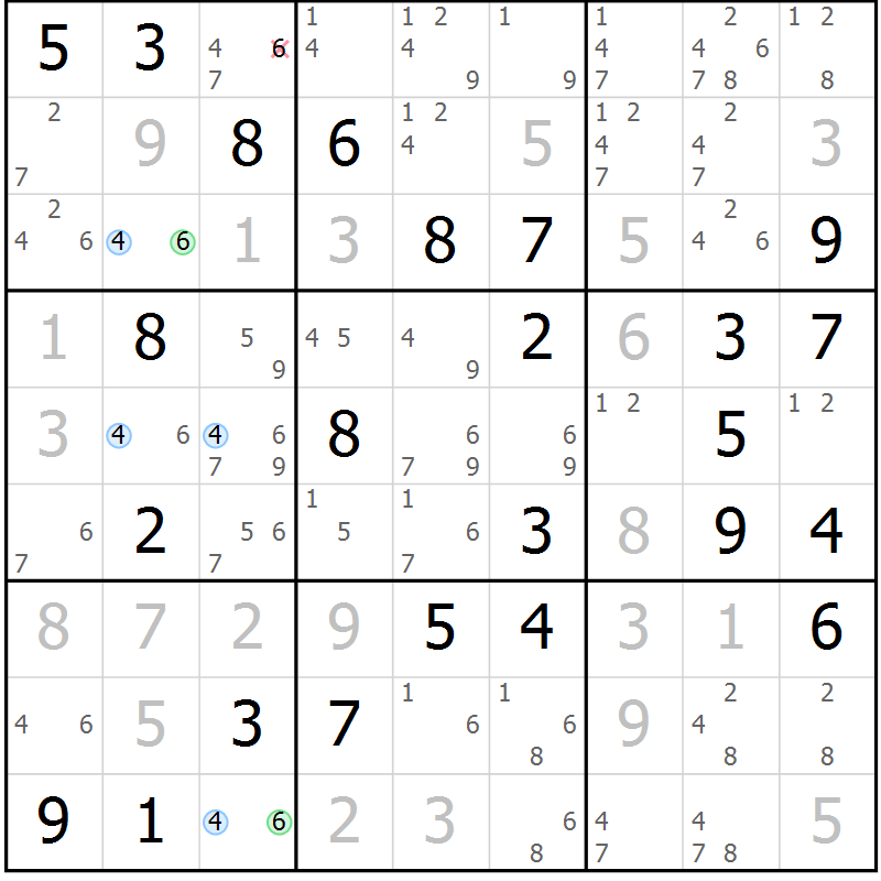Position des candidats pour la solution de la Gr 51 page 54 du magazine de sudoku Maestro n° 102