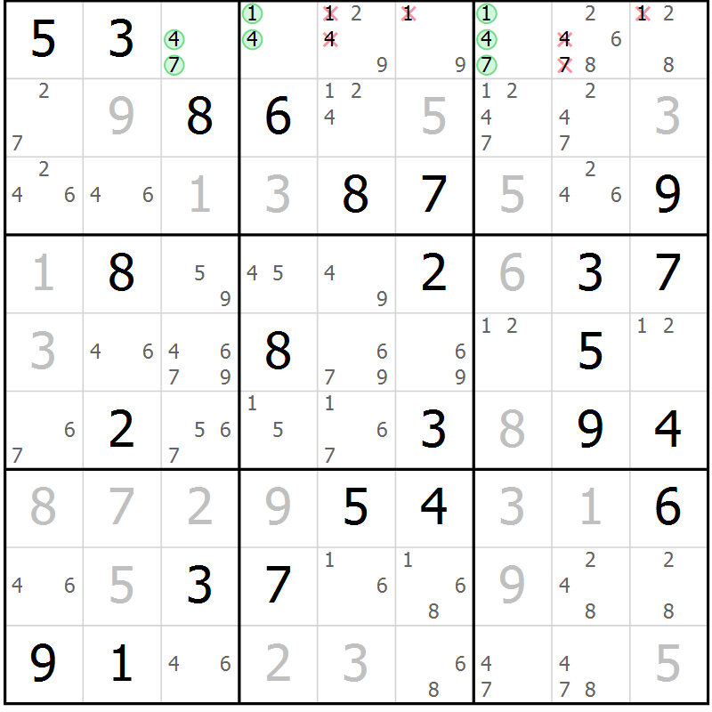 Position des candidats pour la solution de la Gr 51 page 54 du magazine de sudoku Maestro n° 102