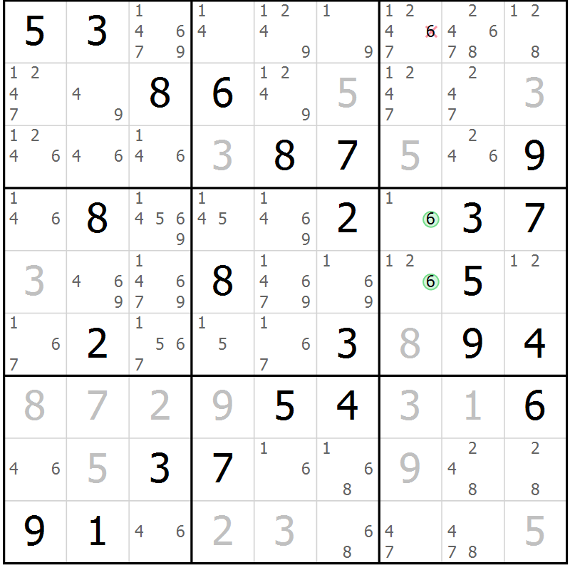 Position des candidats pour la solution de la Gr 51 page 54 du magazine de sudoku Maestro n° 102