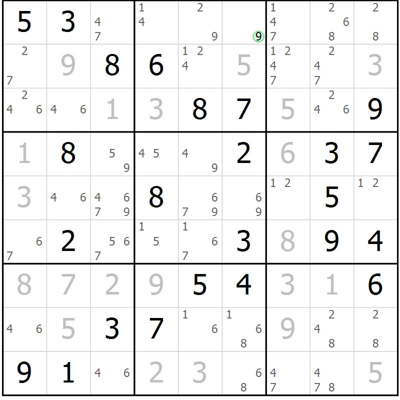 Position des candidats pour la solution de la Gr 51 page 54 du magazine de sudoku Maestro n° 102